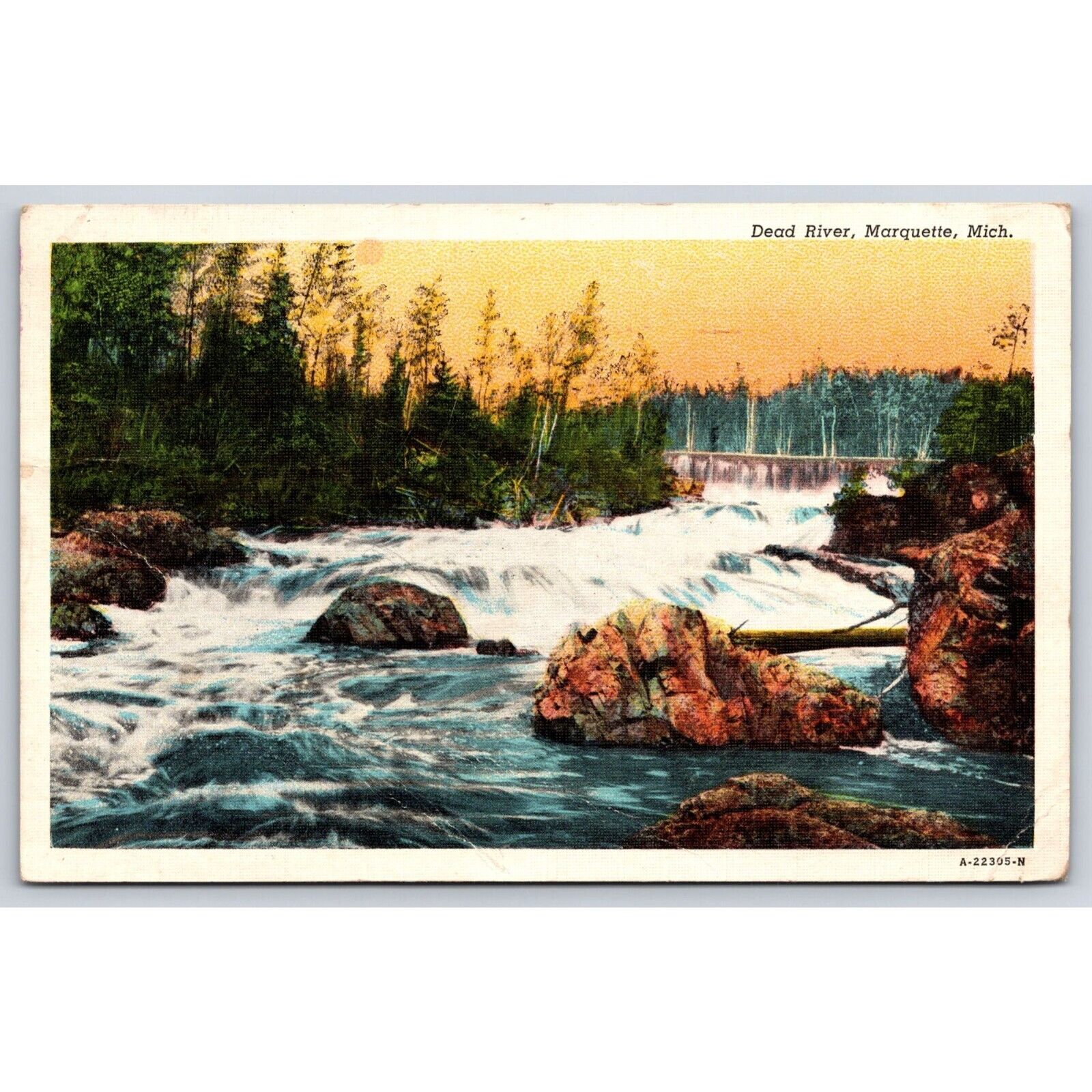 Vintage Postcard Dead River Marquette Michigan Scenic Waterfall View 1946