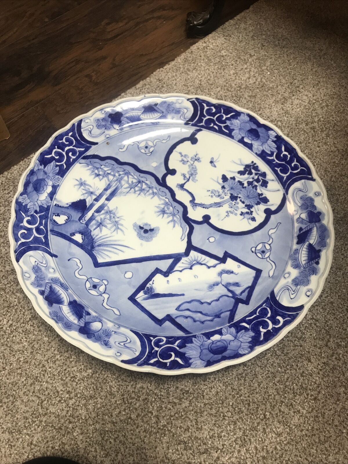 Oriental 18 1/2” Large Plate Blue And White No Chips On Front One Iron Mark