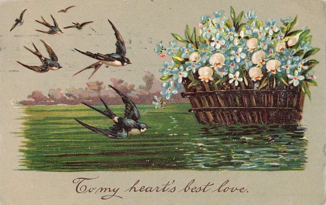 c1910  Birds Flying Swallows Forget Me Nots Basket Valentines Day P465