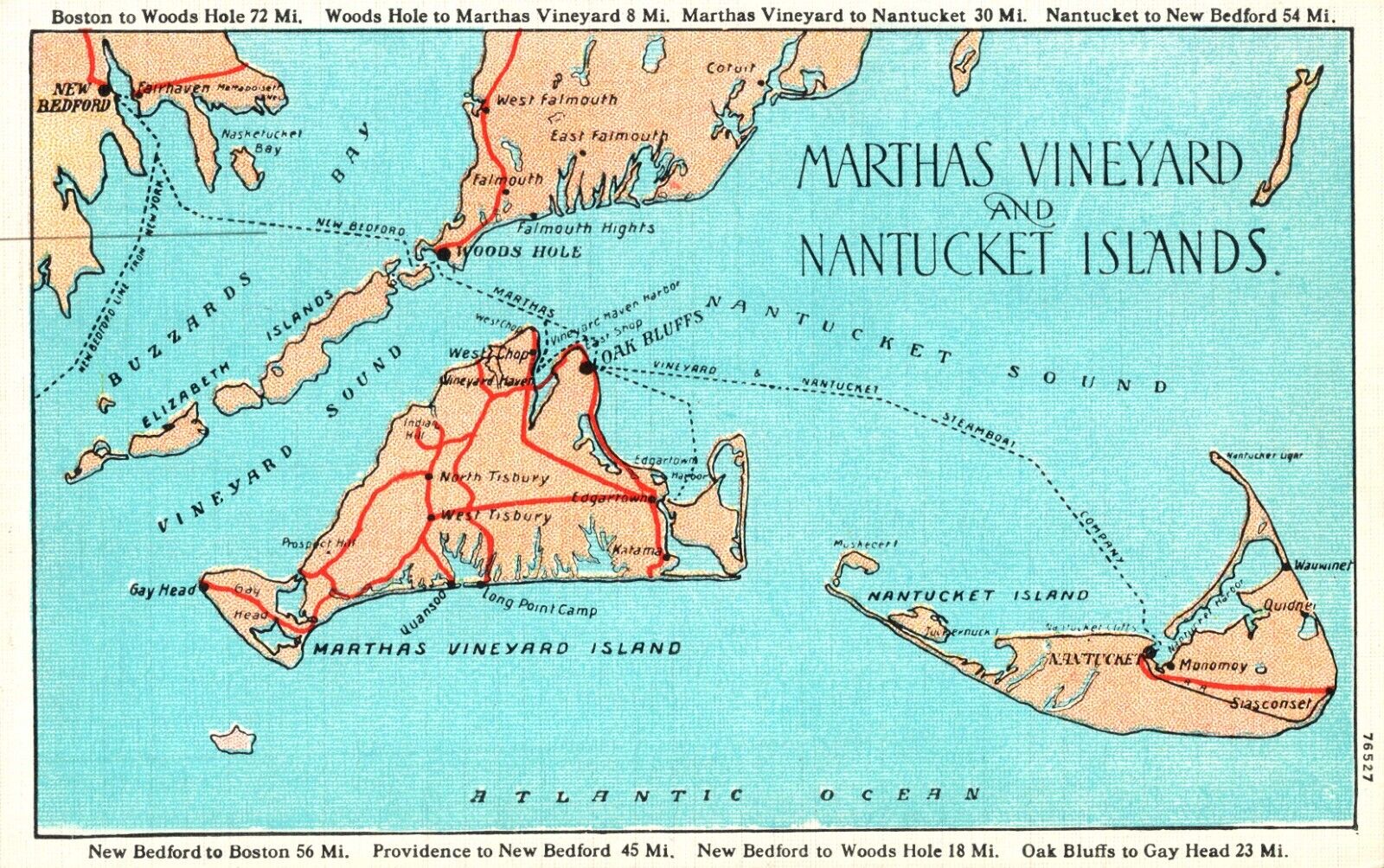 Martha’s Vineyard Map of Island Nantucket Woods Hole Ferry lines Postcard