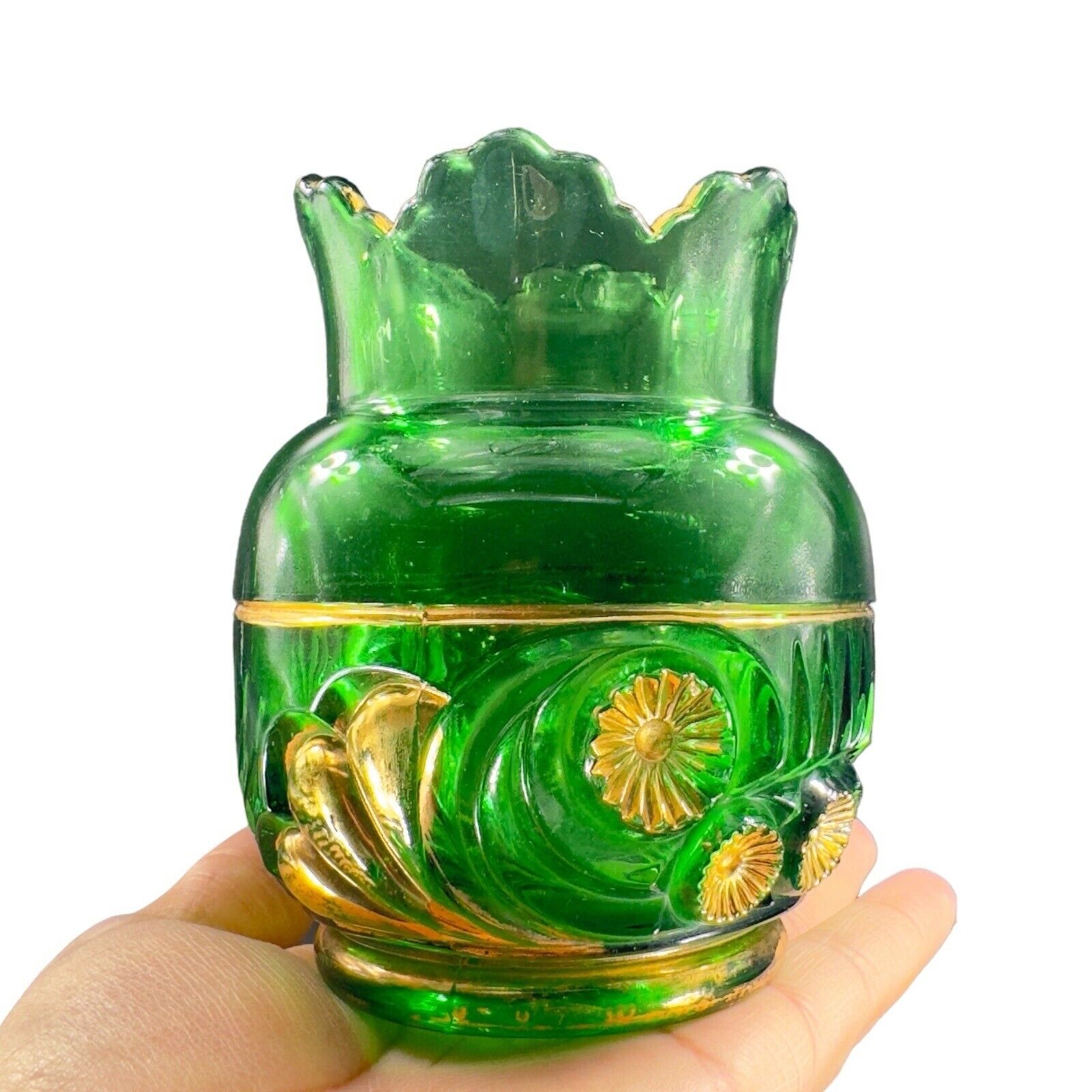 1896 EAPG Riverside Esther Emerald Glass Gold Spooner Antique Glass Vase VINTAGE