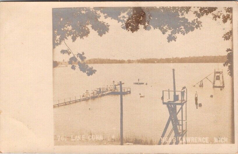 Antique RPPC Postcard Lake Cora Swim Dock Zip Line Near Lawrence MI Photo c1900