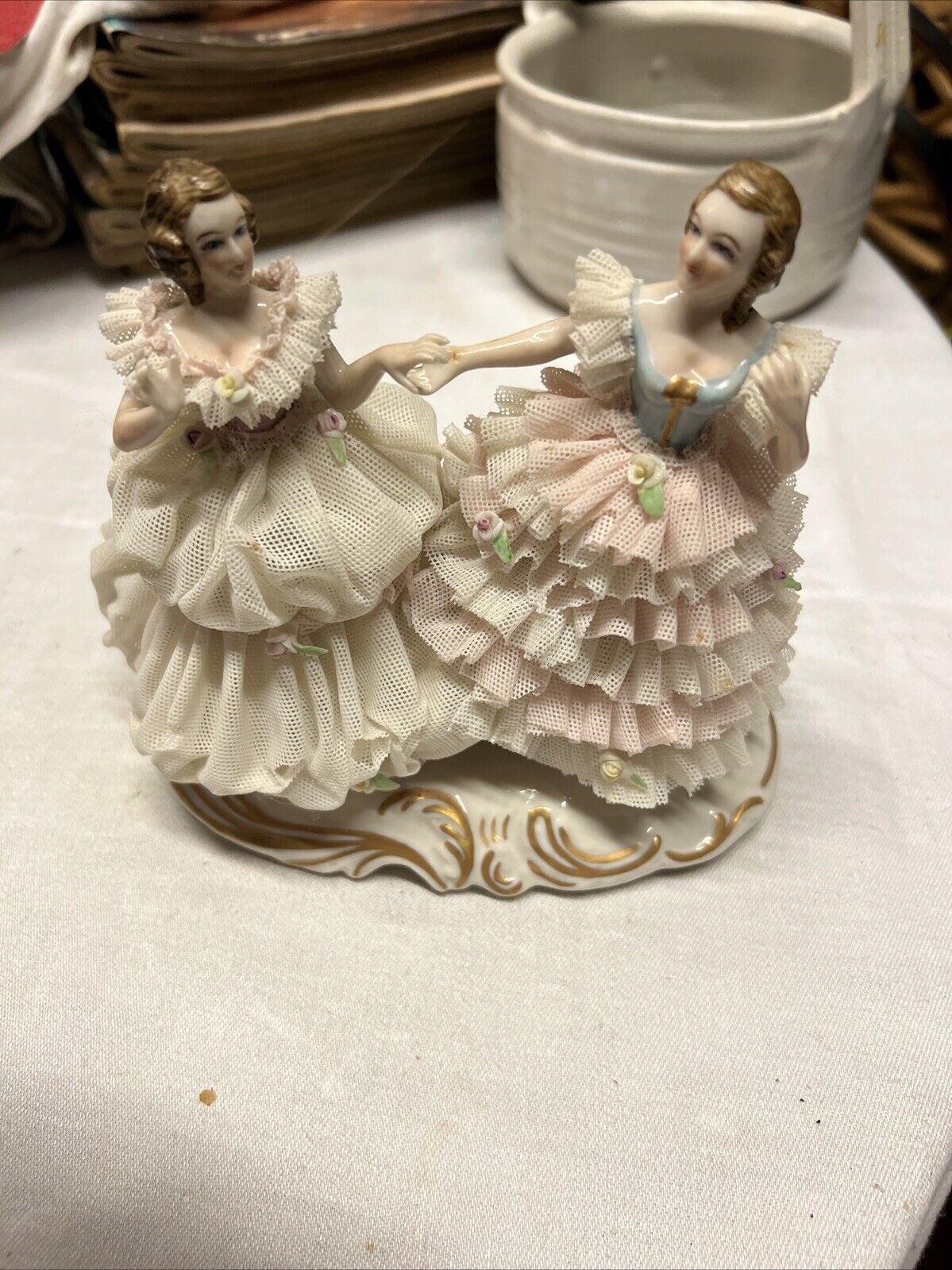 Irish Dresden Lace Two Ladies Dancing Porcelain Figurine