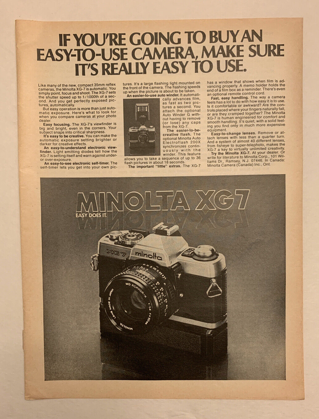 1978 Minolta XG7 Electronic SLR Camera Print Ad Original Vintage Easy Does It