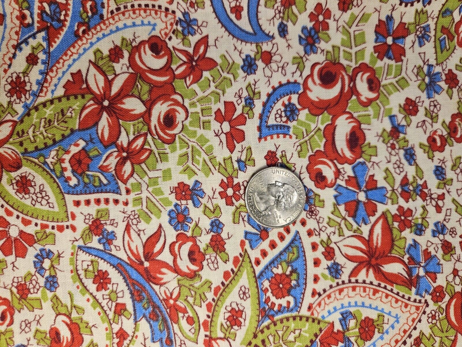 Vtg Feedsack Fabric RED Blue Green White Cotton 36×46 Flower Paisley 