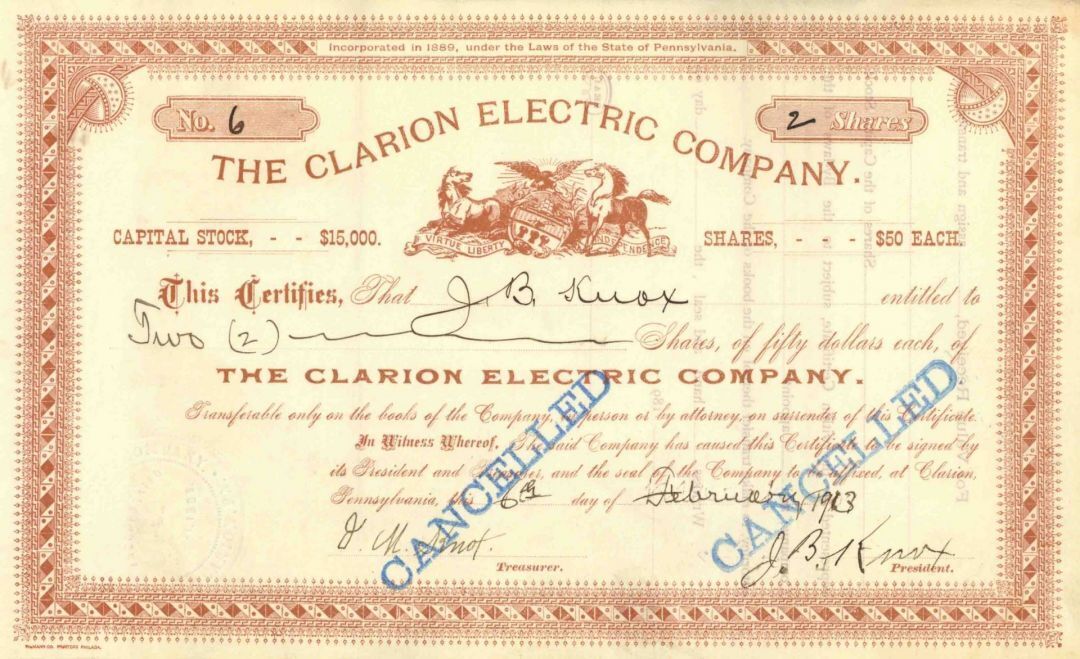 Clarion Electric Co. - Utilty Stock Certificate - Utility Stocks & Bonds