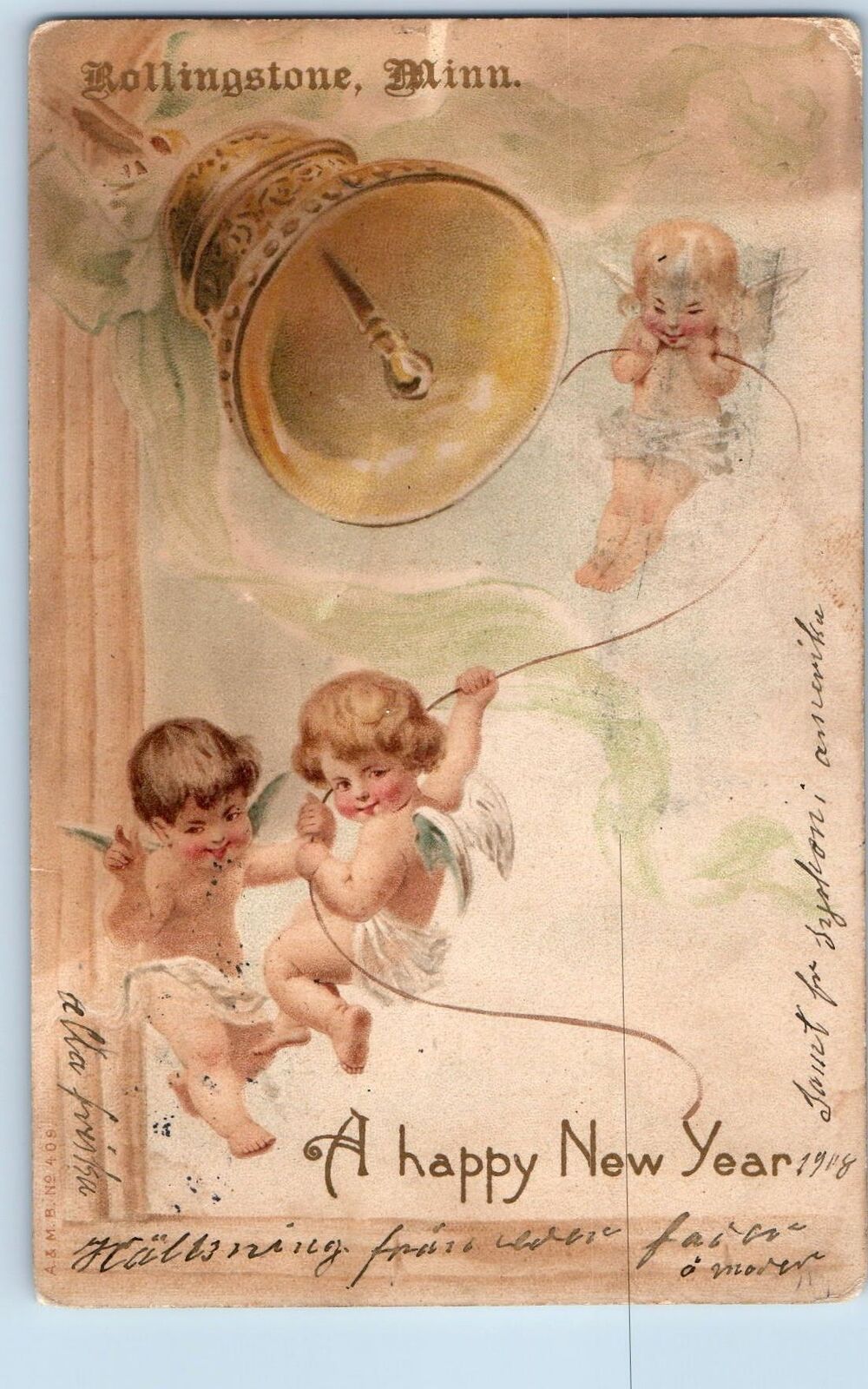 1908 Happy New Year Rollingstone Three Angels Minnesota Correspondence Postcard