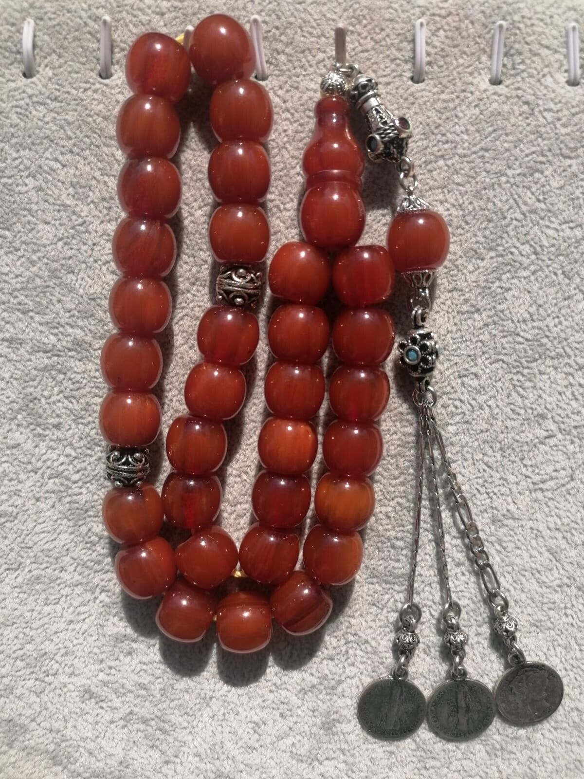 German Faturan Cherry Amber Bakelite 33 Prayer Beads Tesbih Misbaha Rosary 