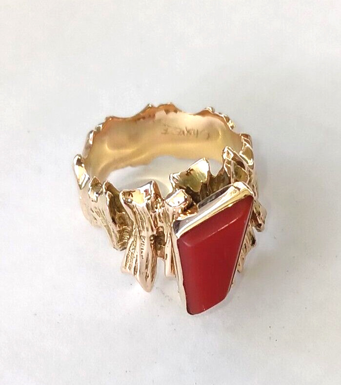 Ted Charveze Ring Brutalist Isleta 14K Gold Coral MCM Pinky Ring Size 5 Signed