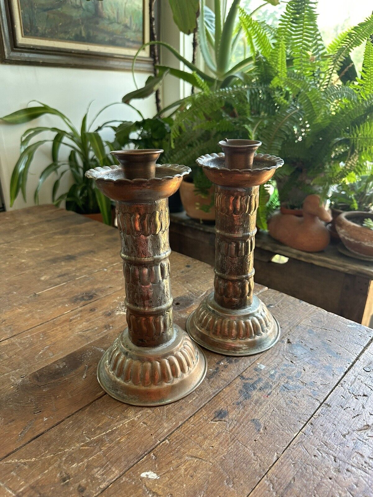 Vintage Pair Tinned Copper Metal Taper Candle Holders United Arab Republic LARGE