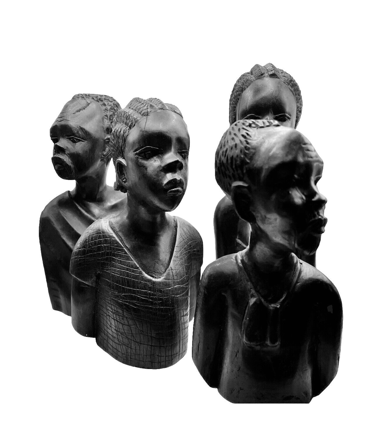 Vintage 4 African Tribal  Family Head  Bust Figurine Handcarved Ebony Iron Wood