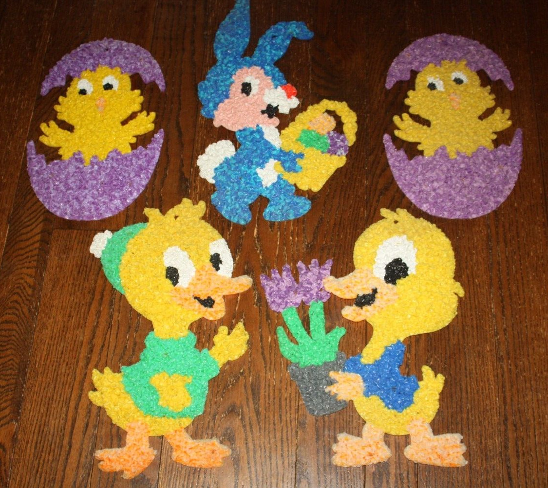 Vintage Lot Of 5 Melted Plastic Popcorn Easter Decorations Bunny and Ducks