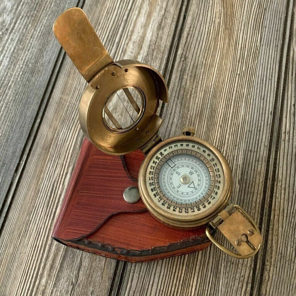 Vintage Solid Brass WWII Military Pocket Compass With Box Gift