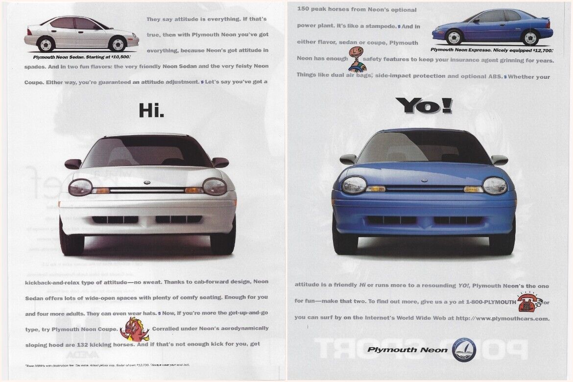 1995 Plymouth Neon Print Ad 2 Separate Pages Sedan Or Coupe