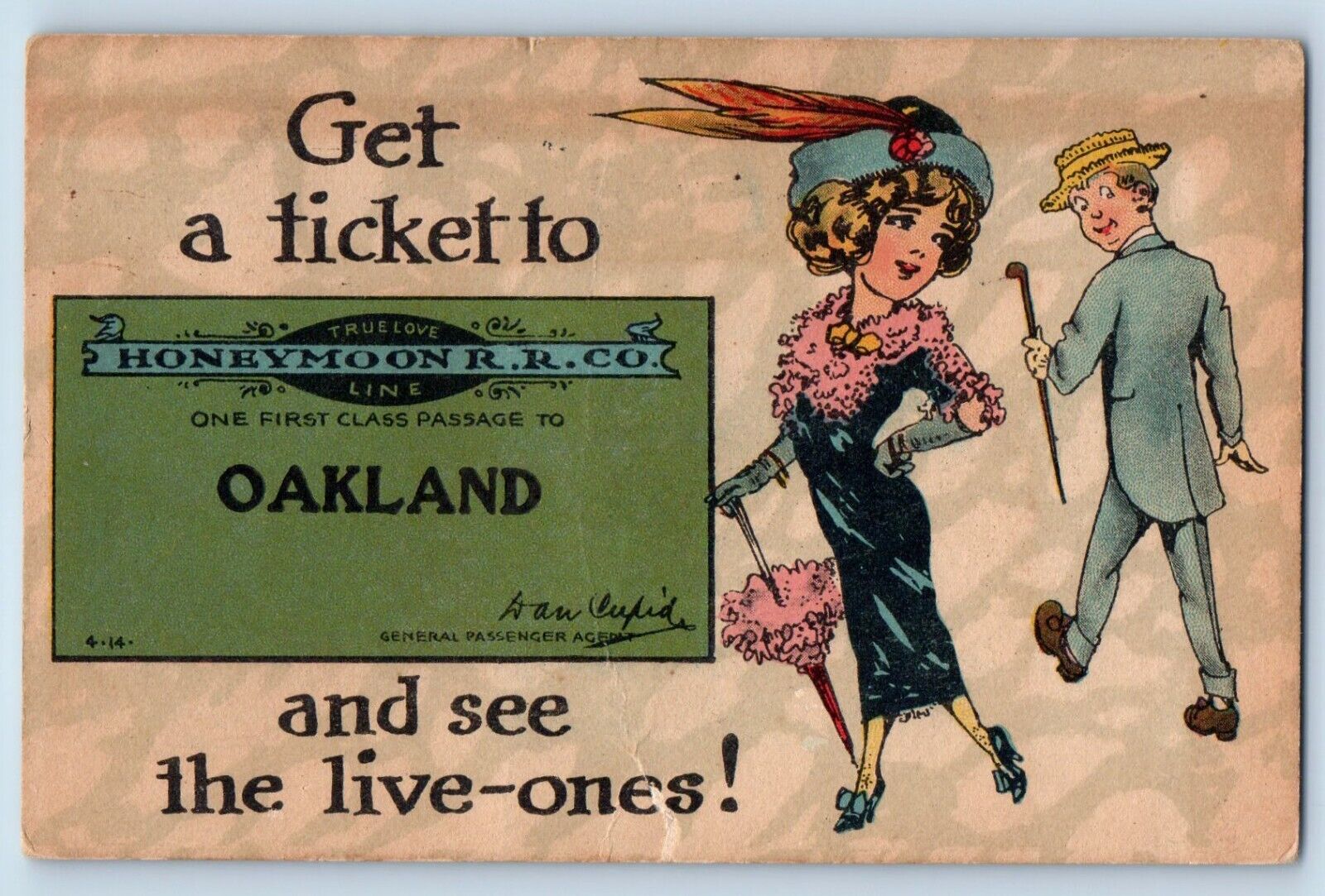 Oakland California CA Postcard Get Ticket Honeymoon RR Co And See Live-Ones 1916