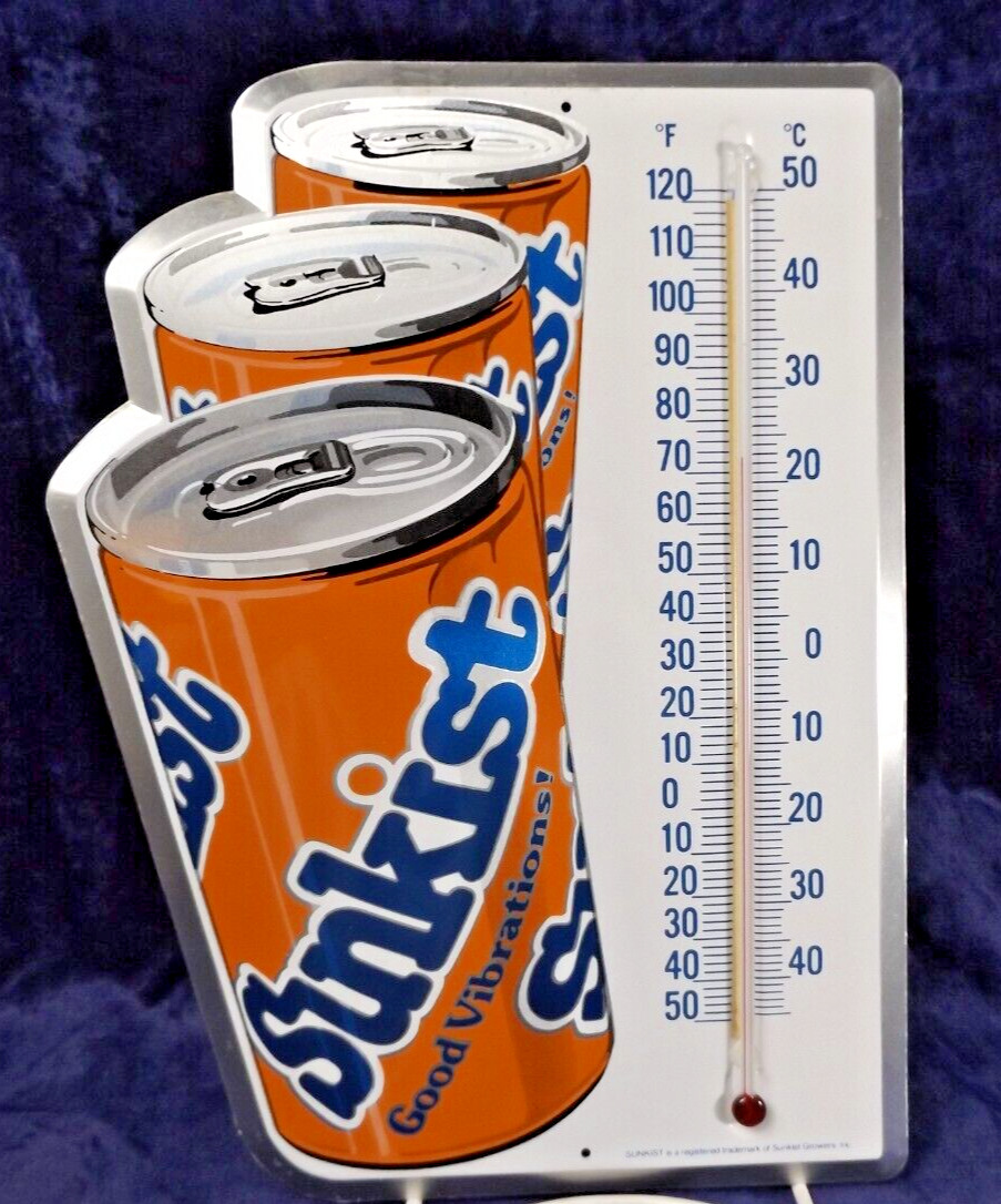 Vintage Sunkist Orange Soda Sign Working Thermometer 1970s 10 1/2x 14