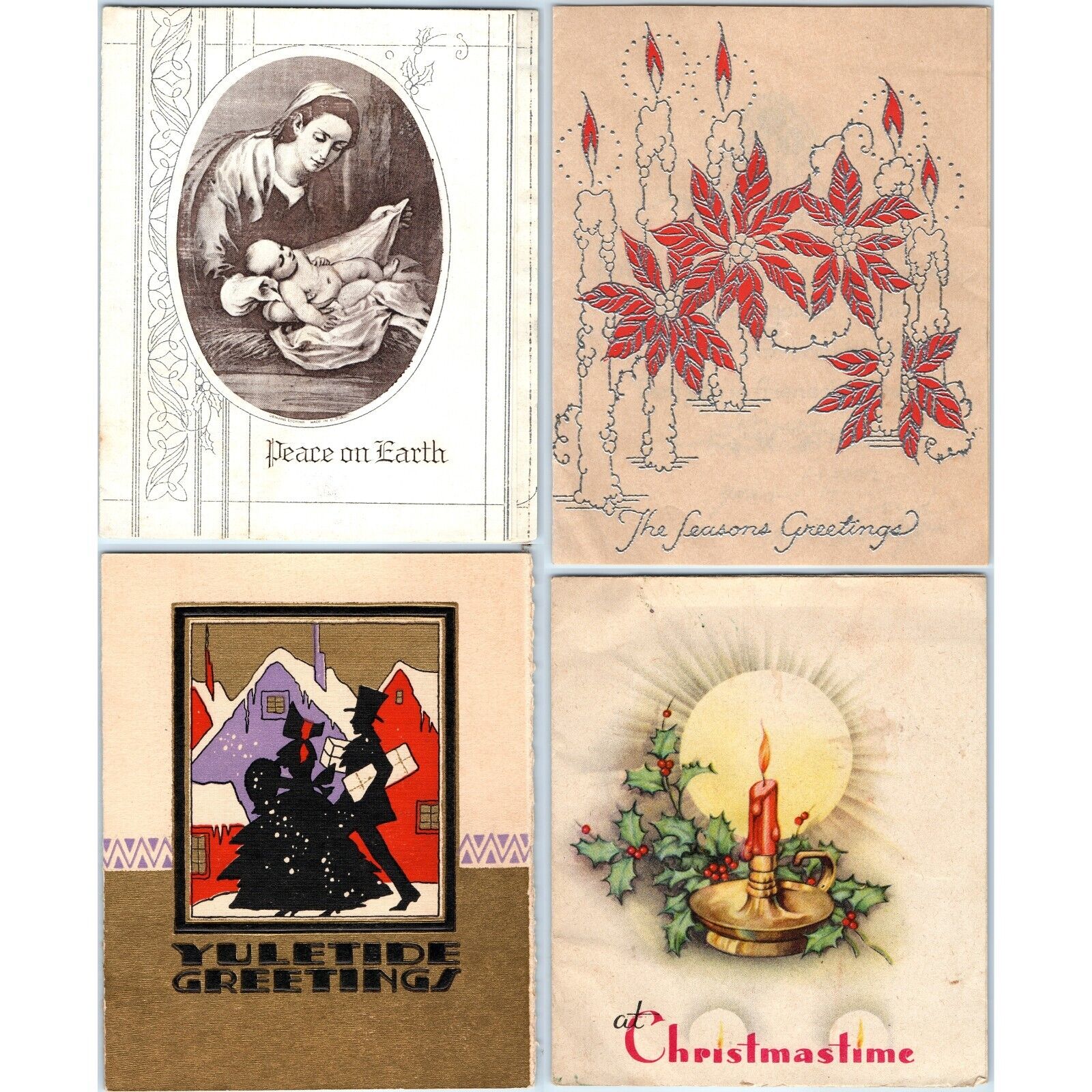 x4 LOT c1930s Christmas Greetings Cards Seasons Xmas Yuletide Folding Vtg 5C