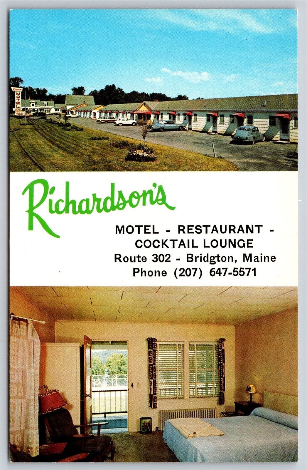 Postcard Richardson\'s Motel Restaurant Cocktail Lounge, Bridgton, Maine dual P6