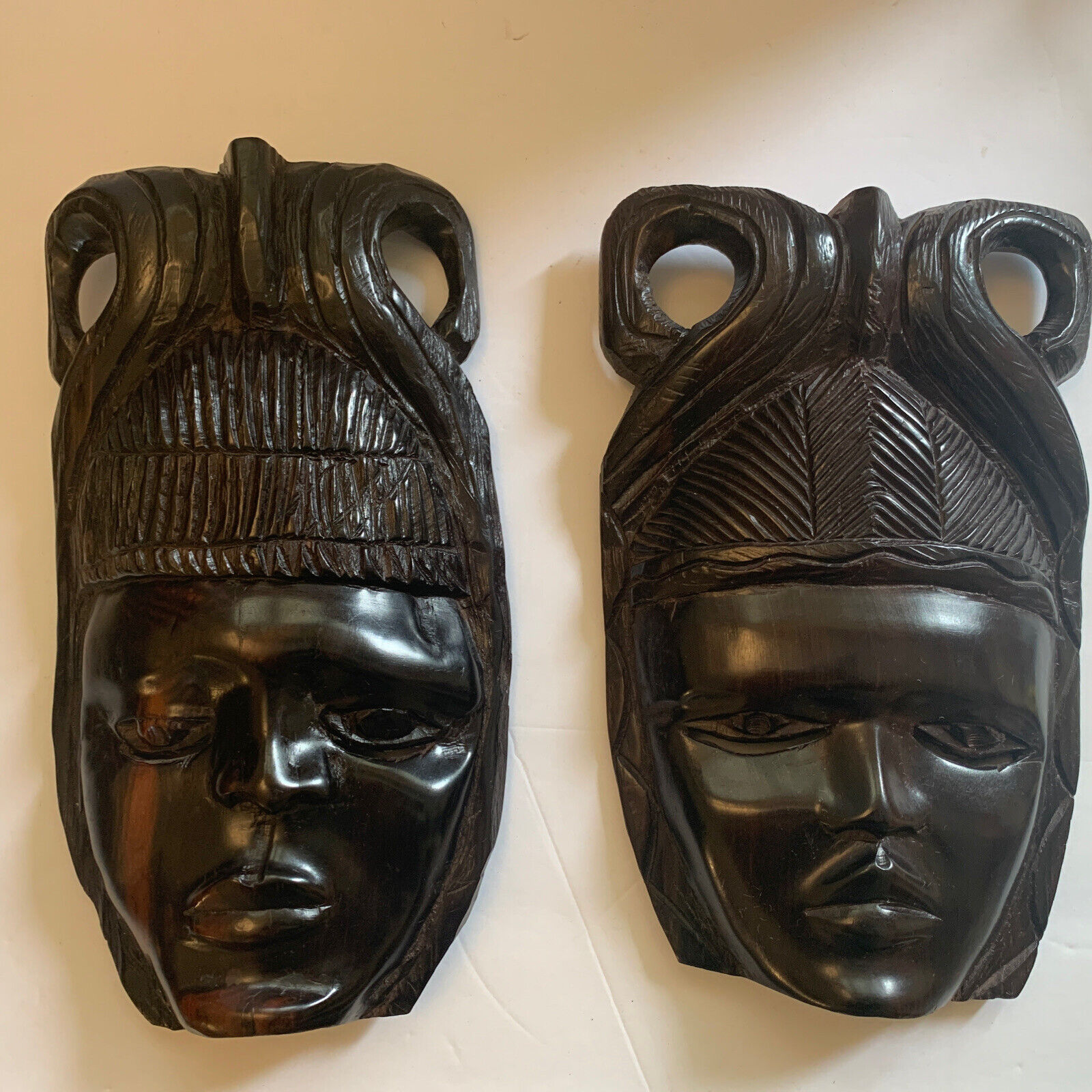 2 Vintage African Tribal Ebony Wood Hand Carved Masks 1950s