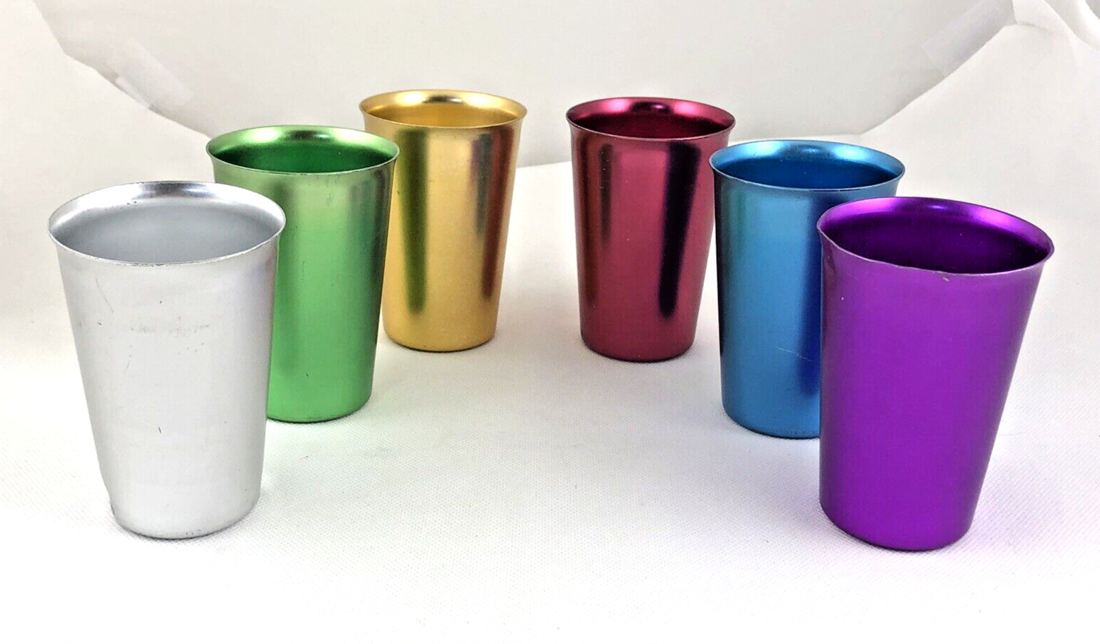 1950's Vintage Colorful Sunburst Anodized Aluminum Tumbler Cups, Retro Lot of 6