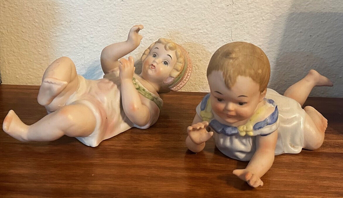 Pair Antique Vintage German Bisque Porcelain PIANO BABIES, Boy & Girl