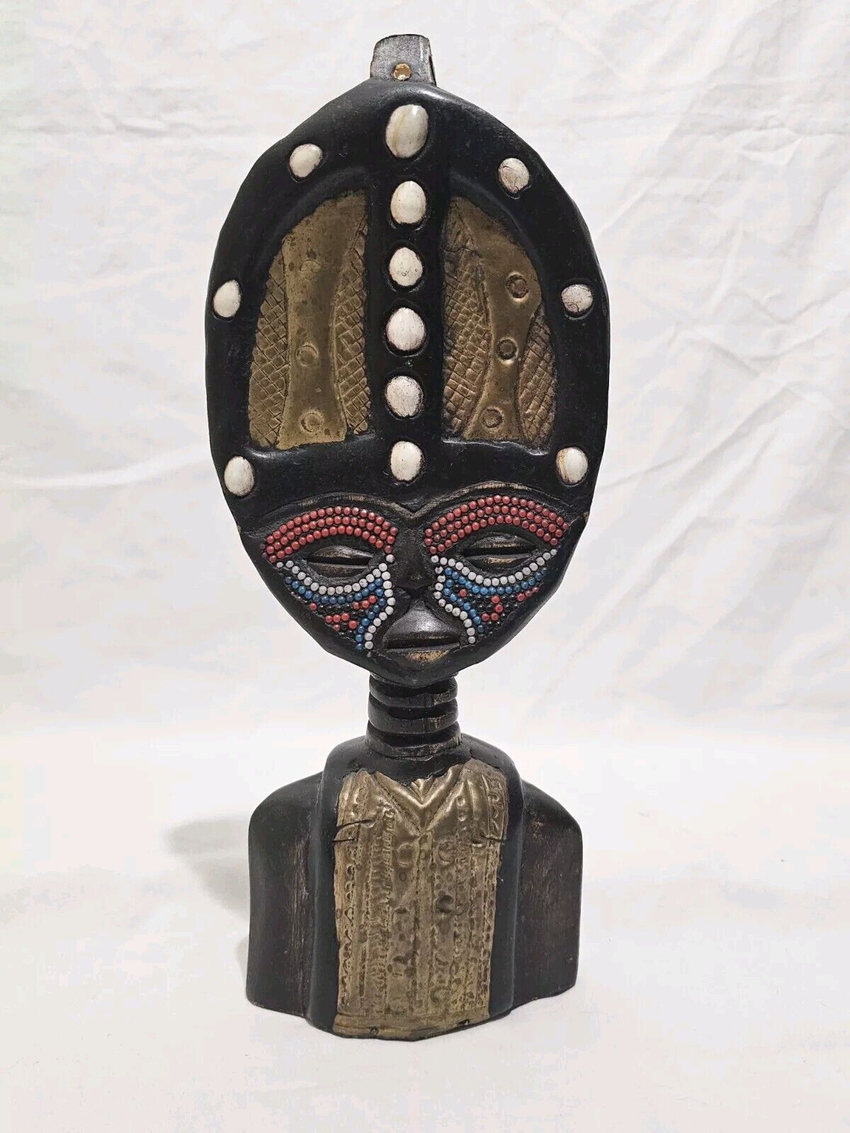Vintage African Wooden Tribal Beaded  & Brass Inlay Statue Ghana 12.5\