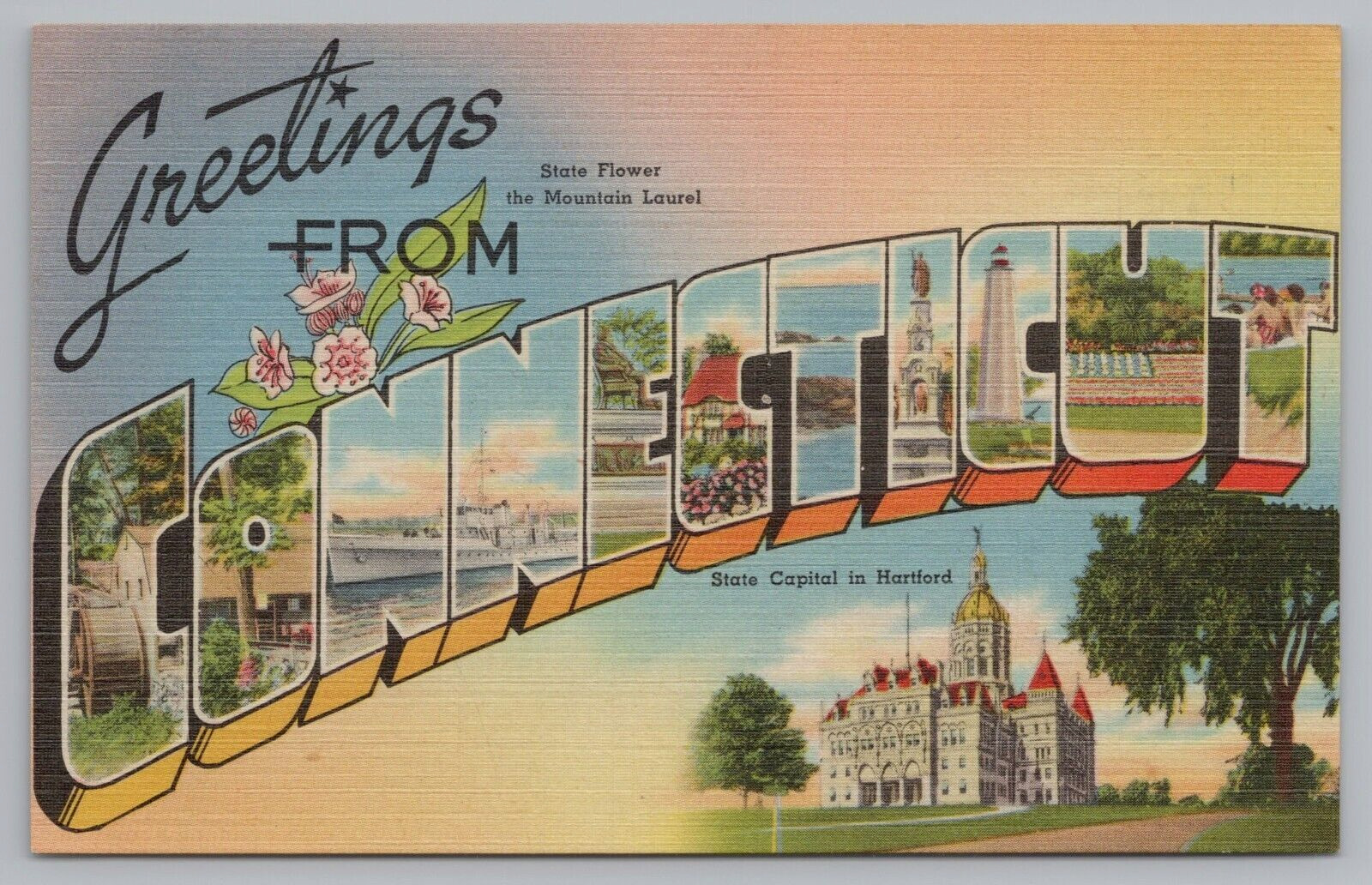 Postcard Greetings From Connecticut Large Letter Multiview Unposted Linen c1954