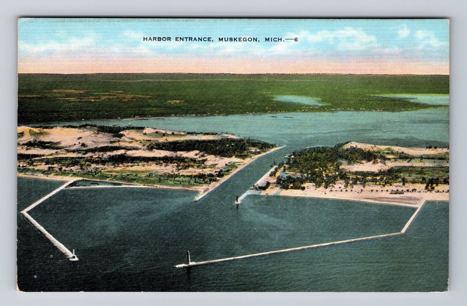 Muskegon MI-Michigan, Aerial Harbor Entrance, Antique, Vintage Postcard