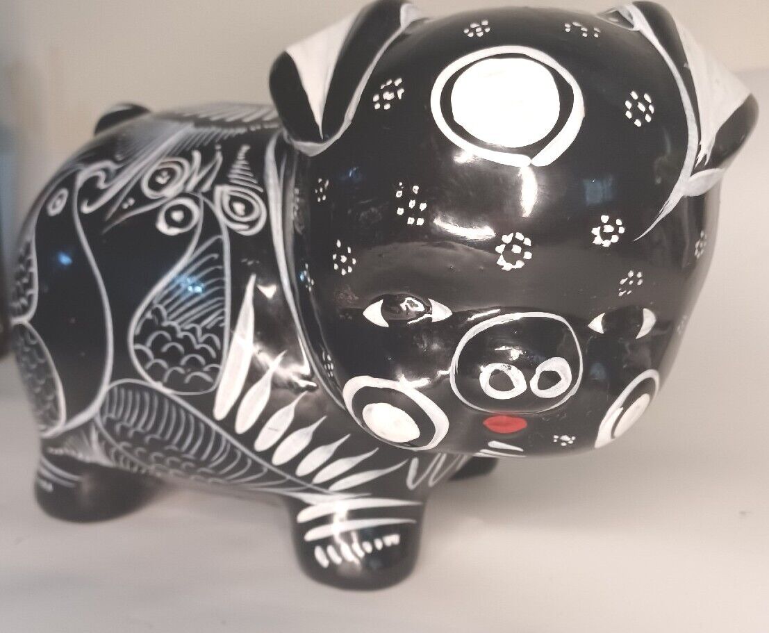 VTG Rare Hand Painted Mexican Pottery Pig Piggy Black & White 