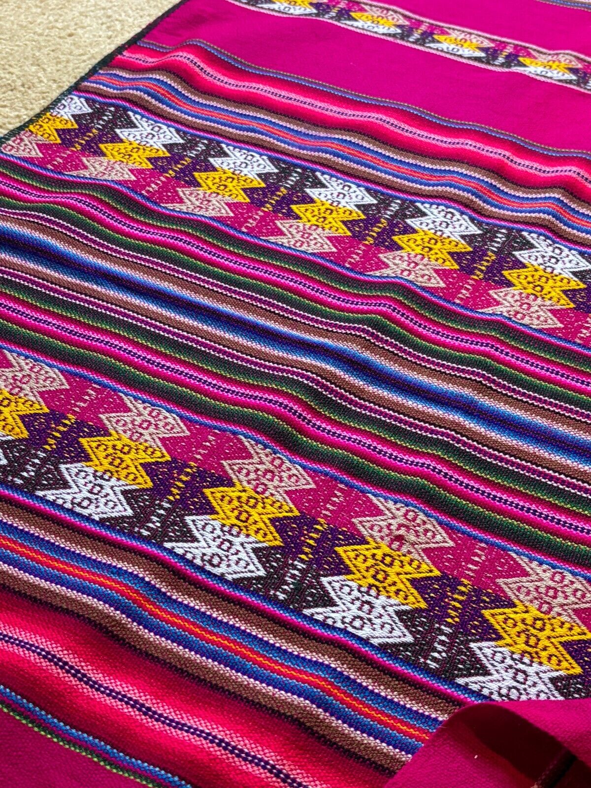 Vintage 70s MCM Peruvian Rainbow Stripe Woven Mayan Tablecloth South American