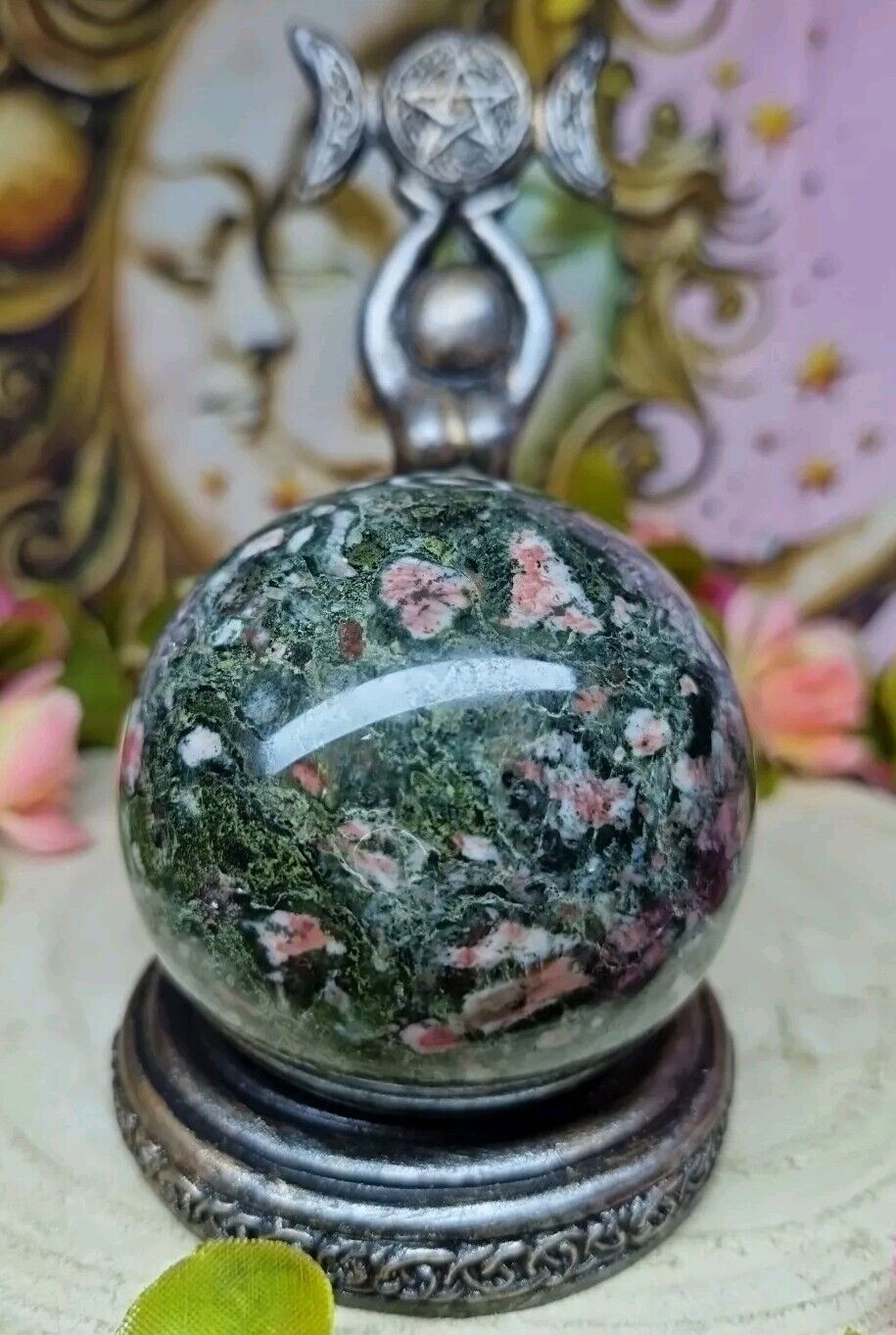 Stunning Rare Plum Blossom Jade/Jasper Crystal Sphere & Goddess Stand 63mm 375g