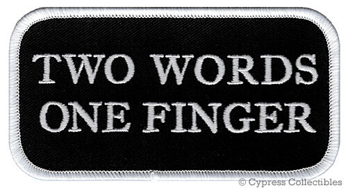 TWO WORDS ONE FINGER embroidered iron-on PATCH ANTI-SOCIAL BIKER VEST NAMETAG