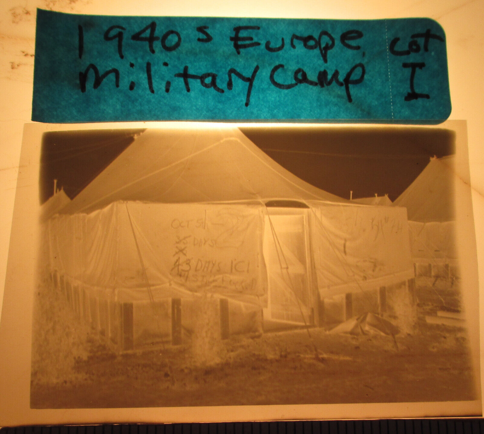 Vintage 1940s Photo 120 Negative WWII US Base Camp Tent Military Profanity Army