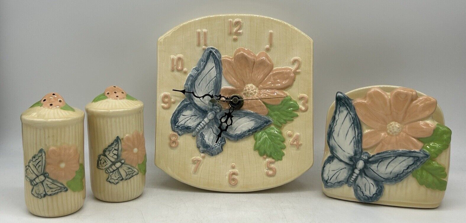 Butterfly Flower Clock, MCM, Napkin Holder, Salt & Pepper Shaker, Vintage