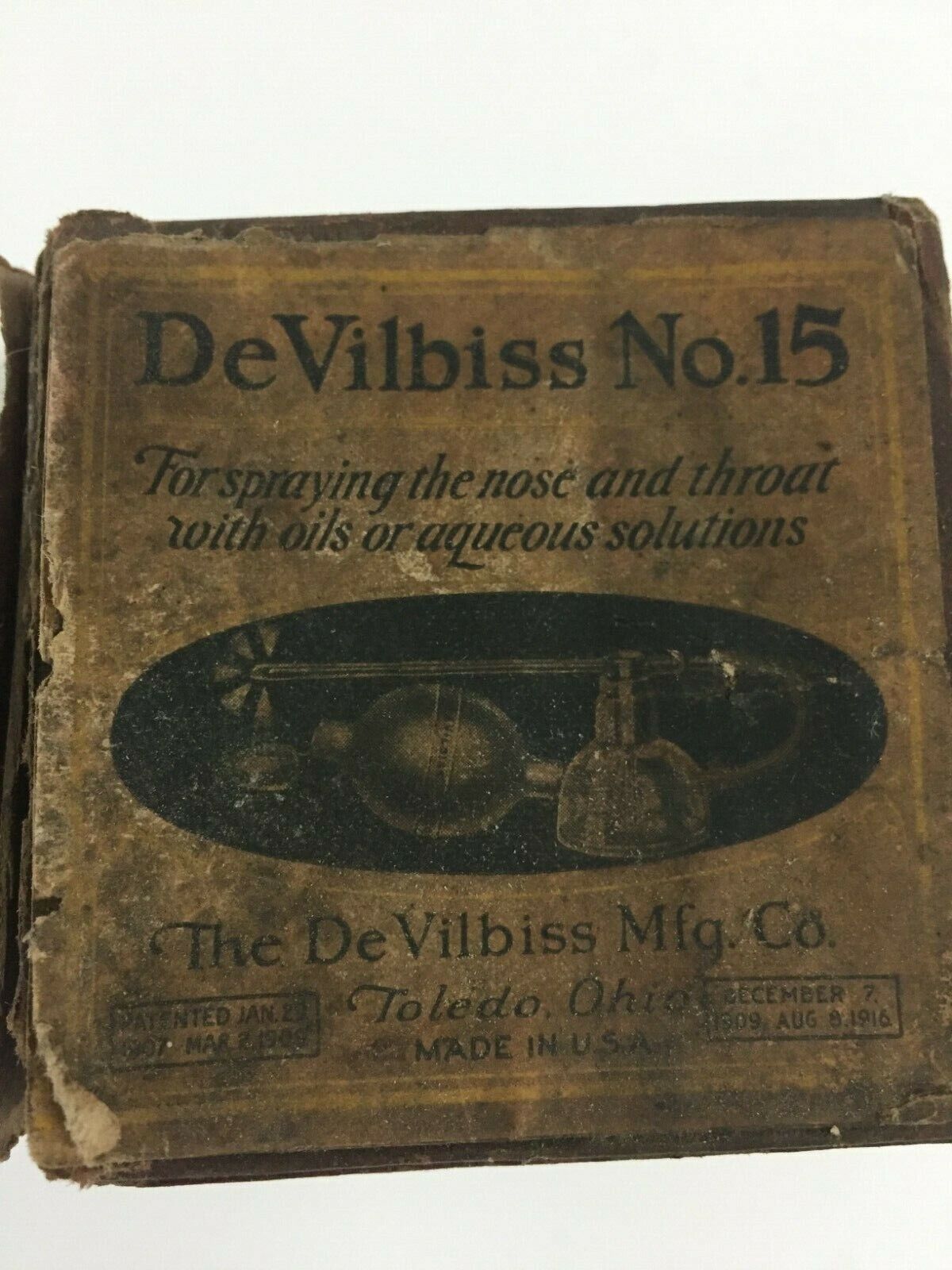 Antique DeVilbiss No. 15 Glass Nose & Throat Atomizer Bottles+ Label  - No Bulb