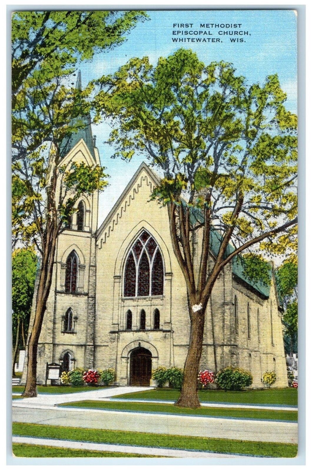 c1940's First Methodist Episcopal Church Exterior Scene Whitewater WI Postcard