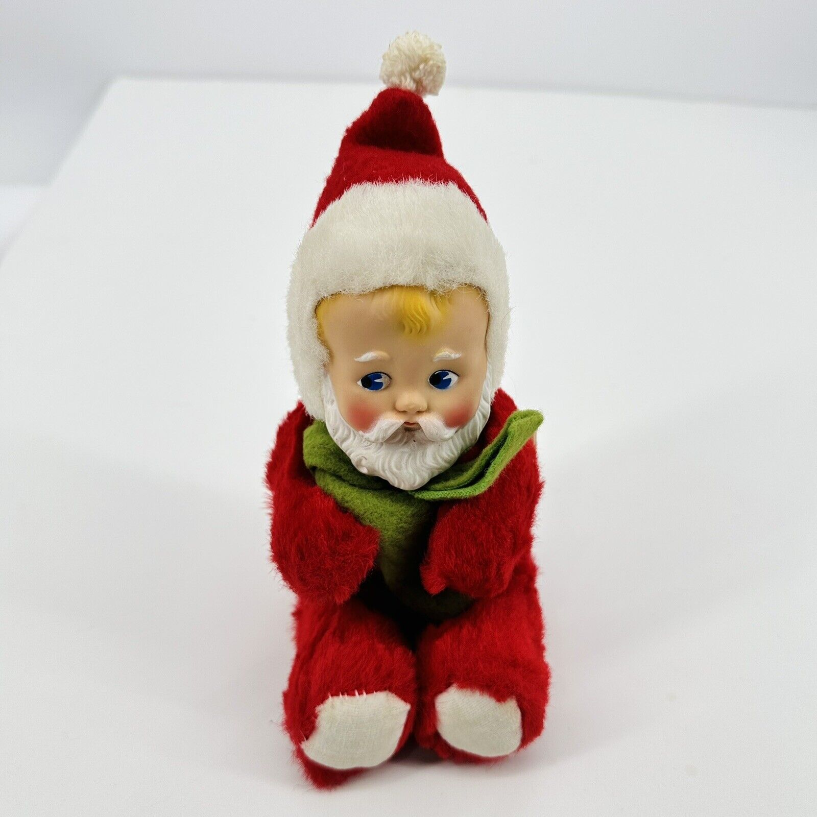 Vintage Knickerbocker Baby Santa Plush Christmas Toy Rubber Face Green Scarf