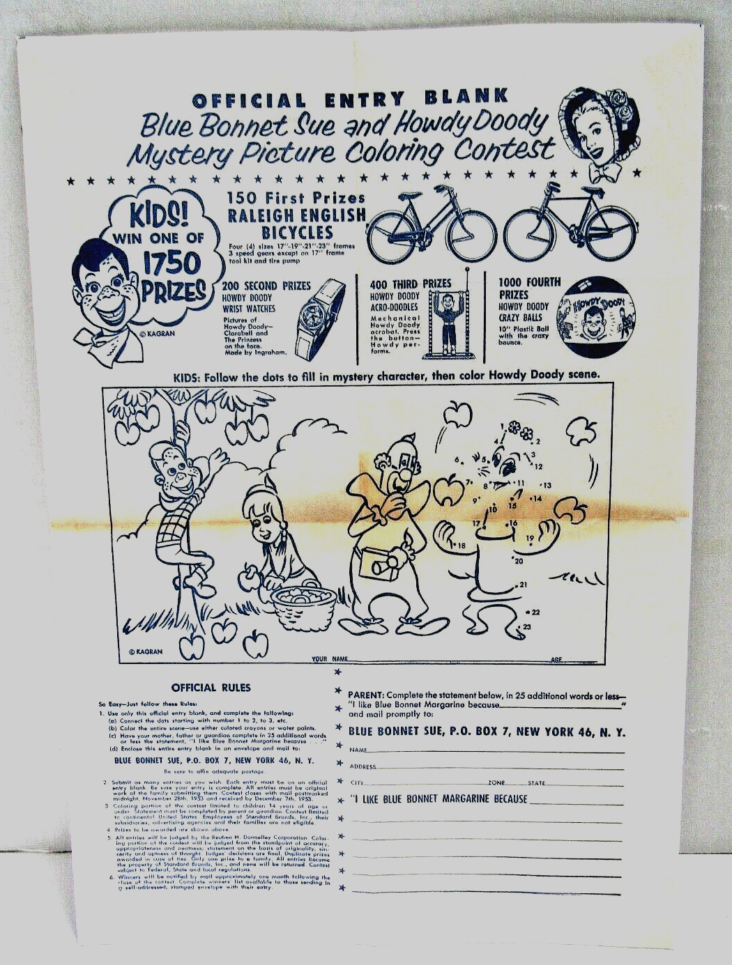 BLUE BONNET SUE & HOWDY DOODY MYSTERY PICTURE COLORING CONTEST SHEET, 1950's