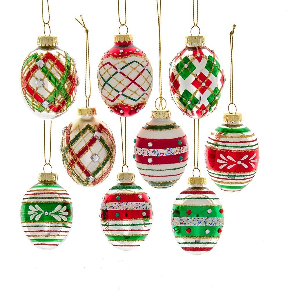 Red Green Decorated Egg European Glass Christmas Ornament Set 9 1.75