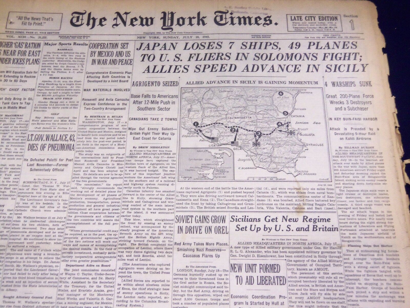1943 JULY 18 NEW YORK TIMES - JAPAN LOSES 7 SHIPS 49 PLANES - NT 1770