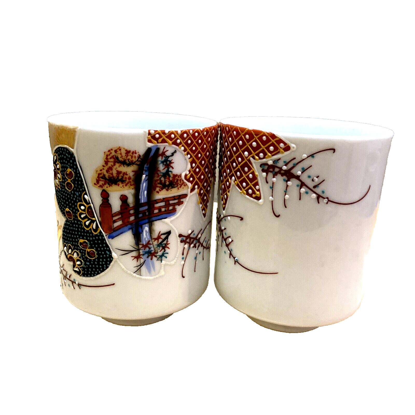 Vintage Sake Tea Cups White Porcelain Footed Floral Tree Scene Texture Japan