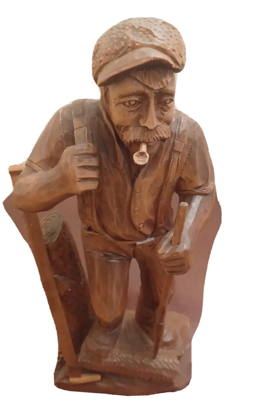 Signed VTG Wood Carving by  Caron/Figure of a Lumber Jack with pipe in Mouth