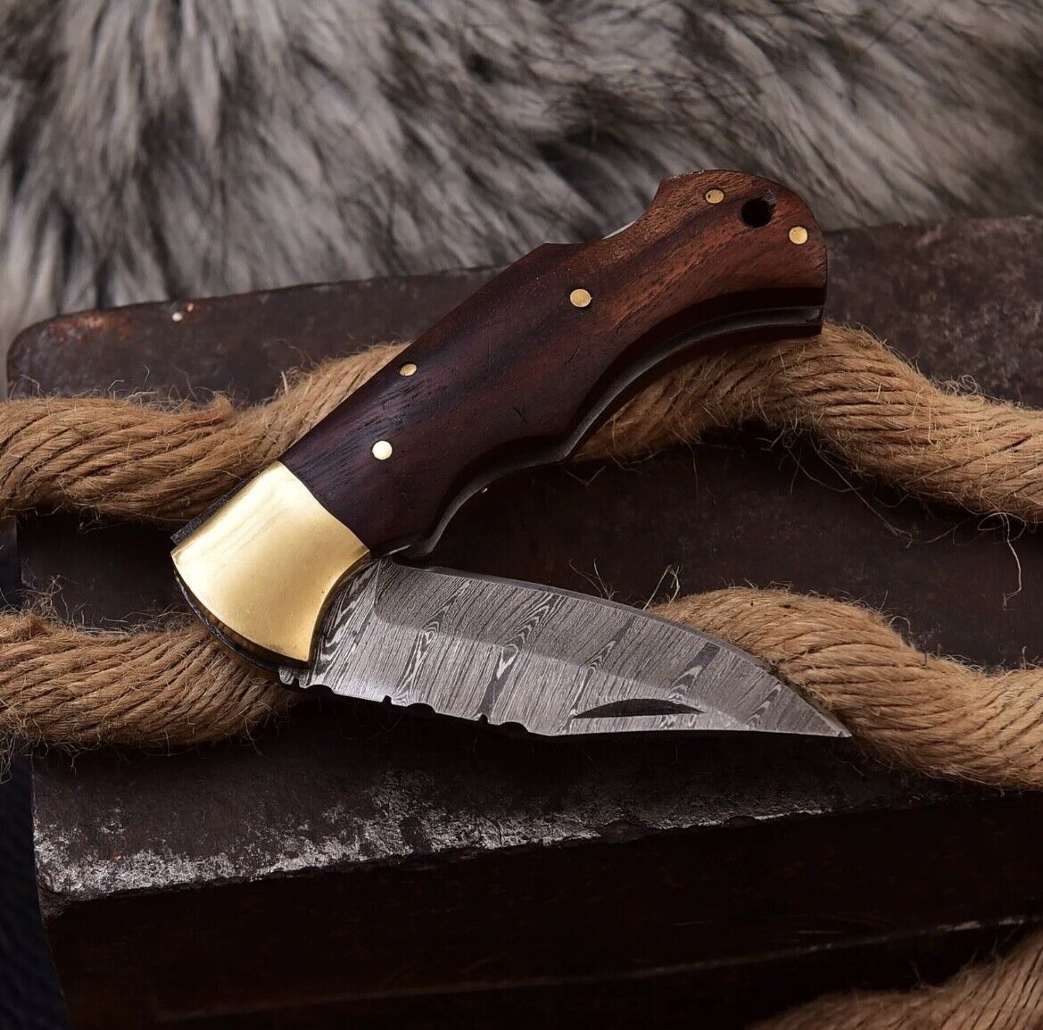 custom handmade forged damascus hunting camping folding pocket knife