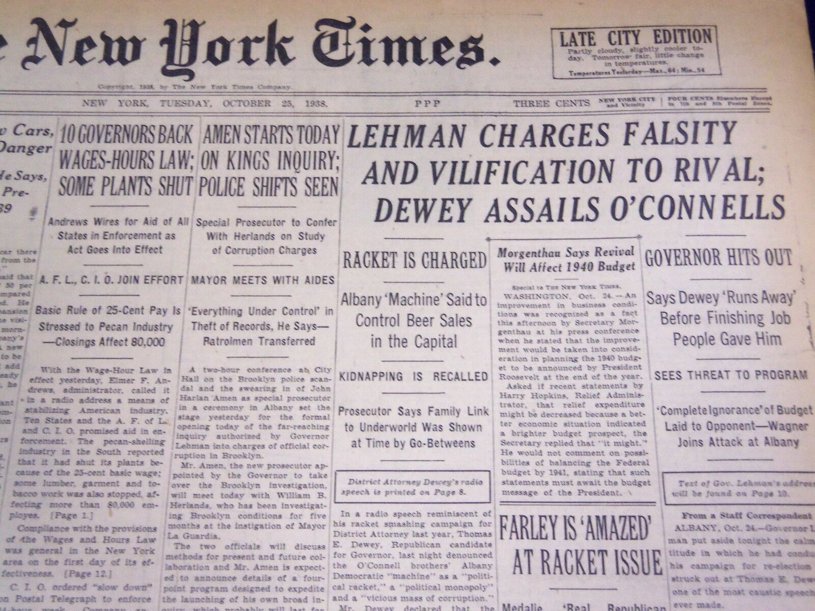 1938 OCT 25 NEW YORK TIMES - LEHMAN CHARGES FALSITY & VILIFICATION RIVAL- NT 699