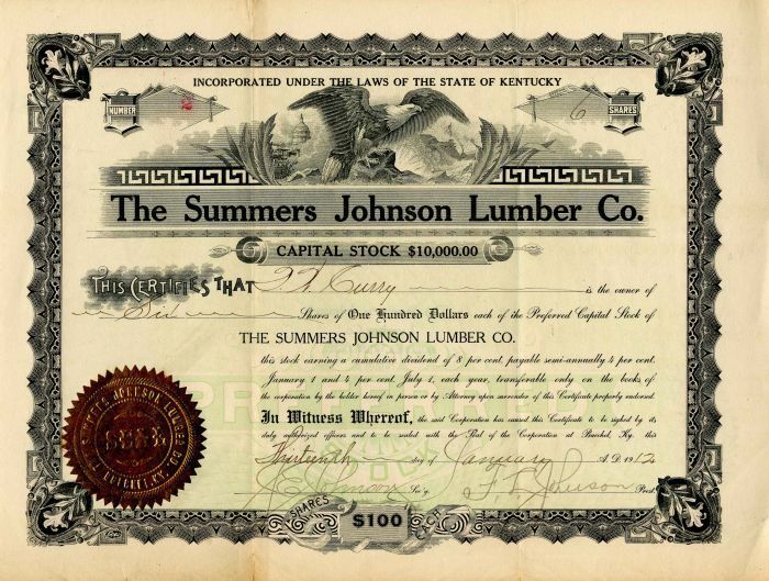 Summers Johnson Lumber Co. - Stock Certificate - Lumber Stocks & Bonds