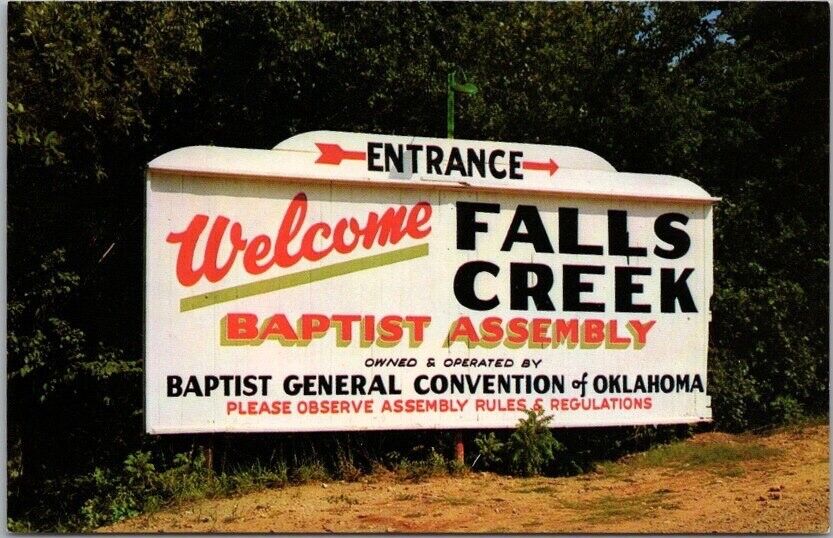c1960s DAVIS, Oklahoma Postcard FALLS CREEK BAPTIST ASSEMBLY Highway Billboard