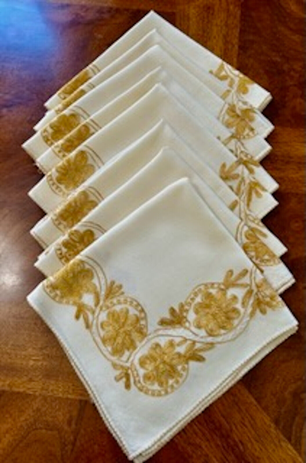 Vintage Syrian Embroidered Napkins/Gold Ornate Embroidery /Egyptian Cotton 8 pcs