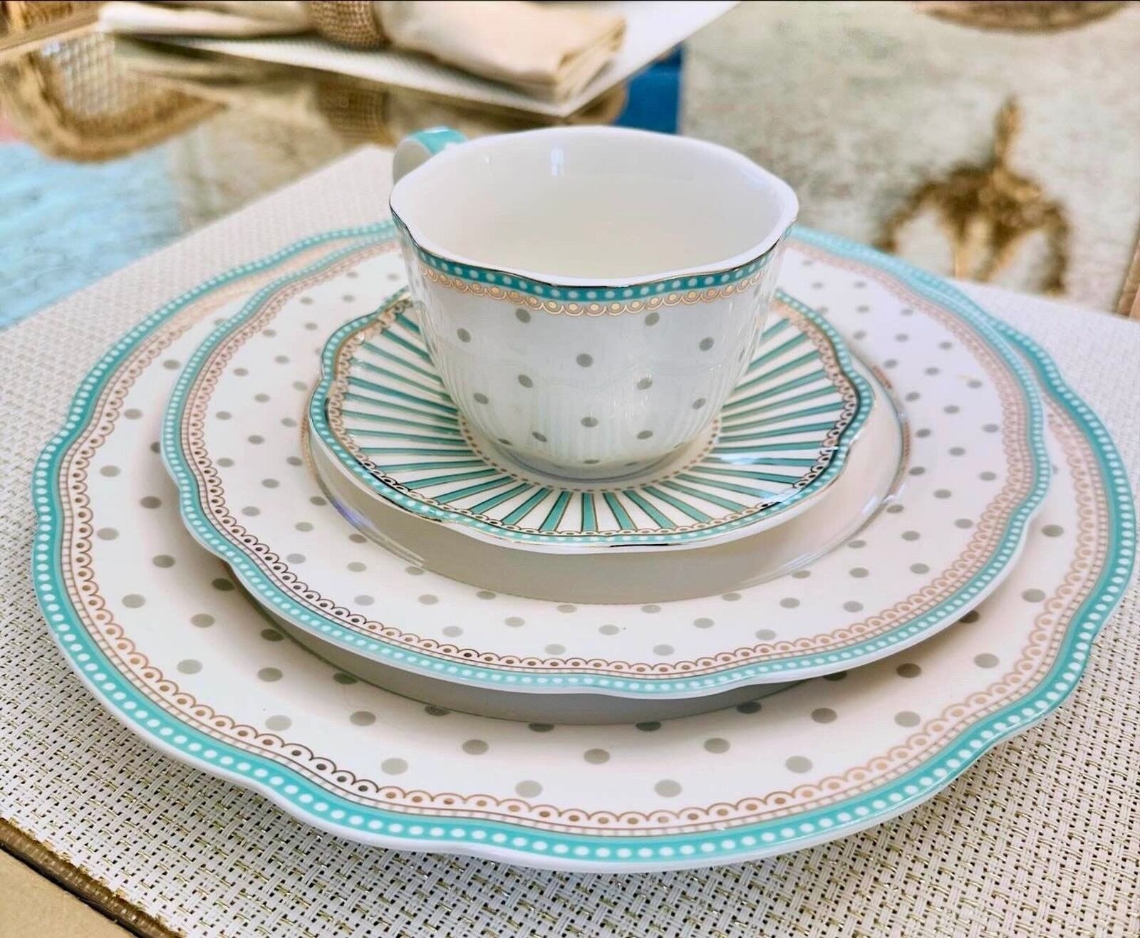 Grace’s Serveware Tiffanys - Porcelain Scalloped Plates and Teacup Set