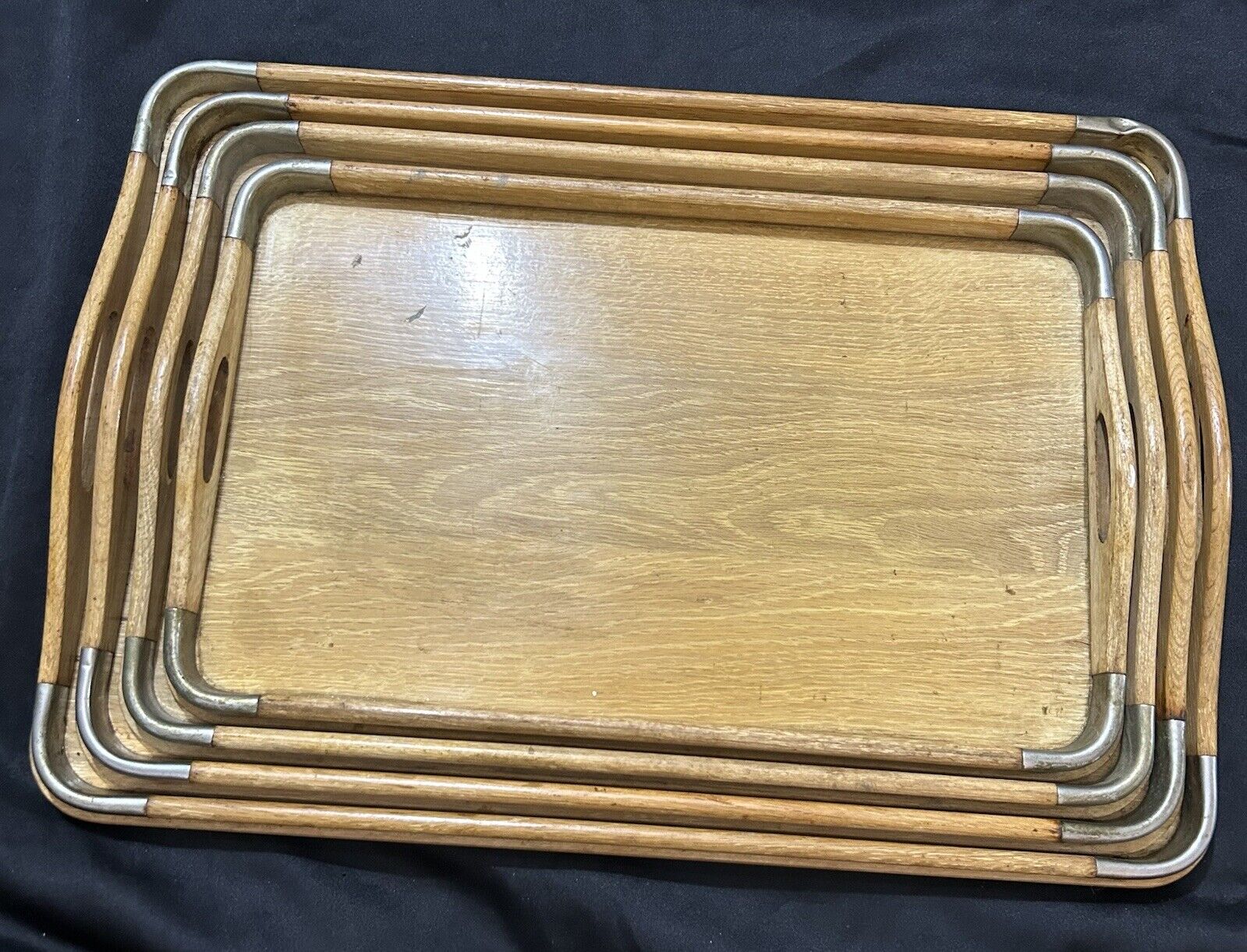 Mid-century Modern 4 Nesting Trays Wood Metal Brown Rectangular Japan Retro