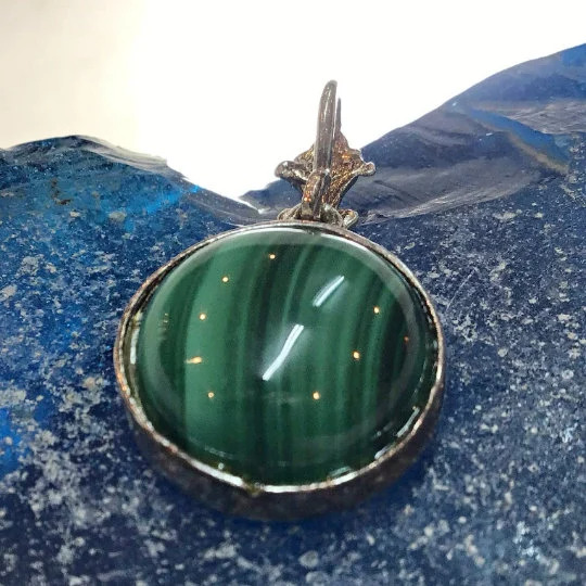 Handmade 925 Sterling Silver Pendant with Green Malachite Stone Made in Israel